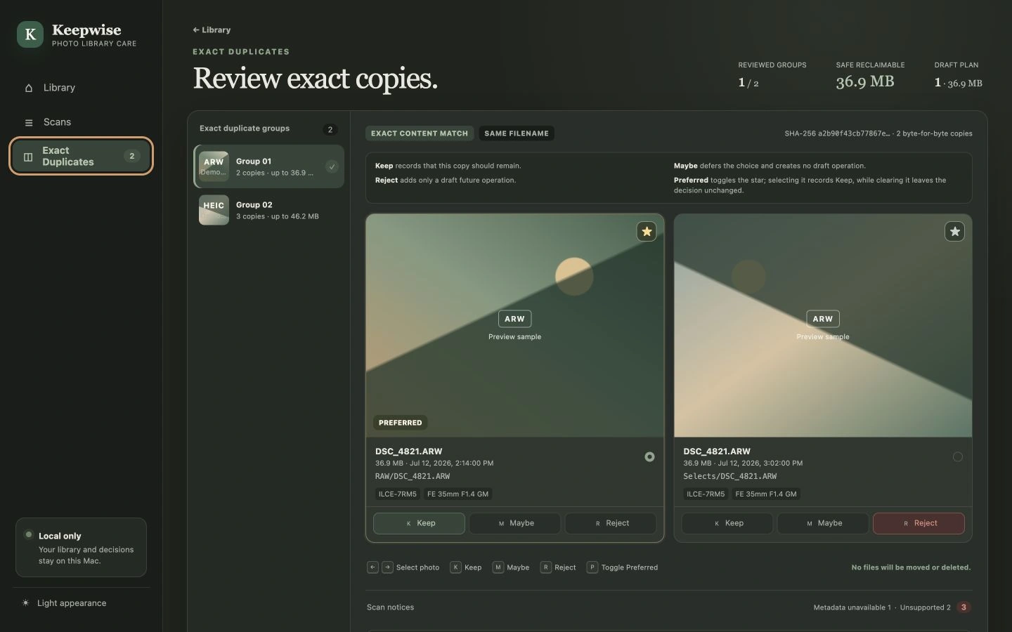 Keepwise demonstration interface with generated data showing two byte-for-byte duplicate photos side by side, a preferred copy, and Keep, Maybe, and Reject review controls